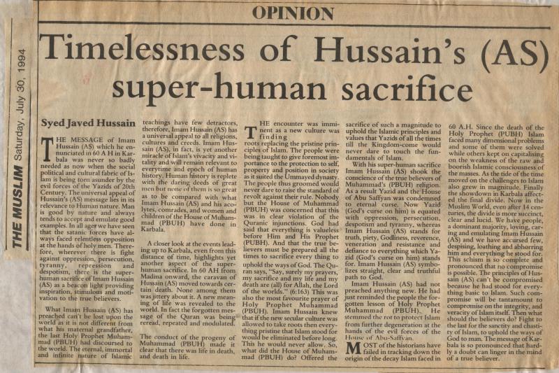 Timelessness of Hussain's Super-human Sacrifice